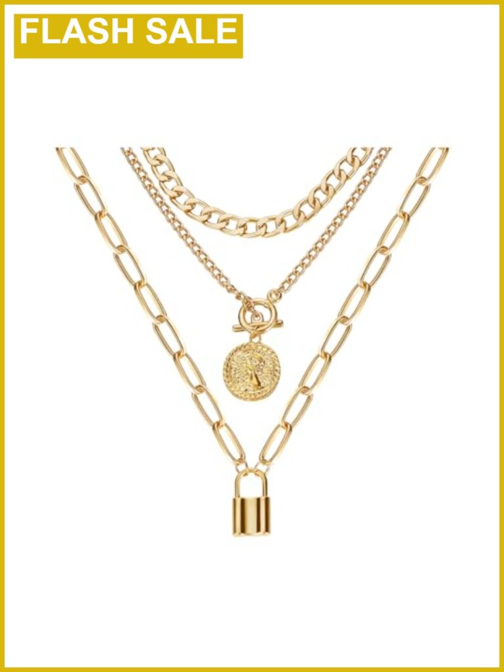 Gold Layered Stacked Chunky Coin Pendant Multilayer Chain Necklace Set